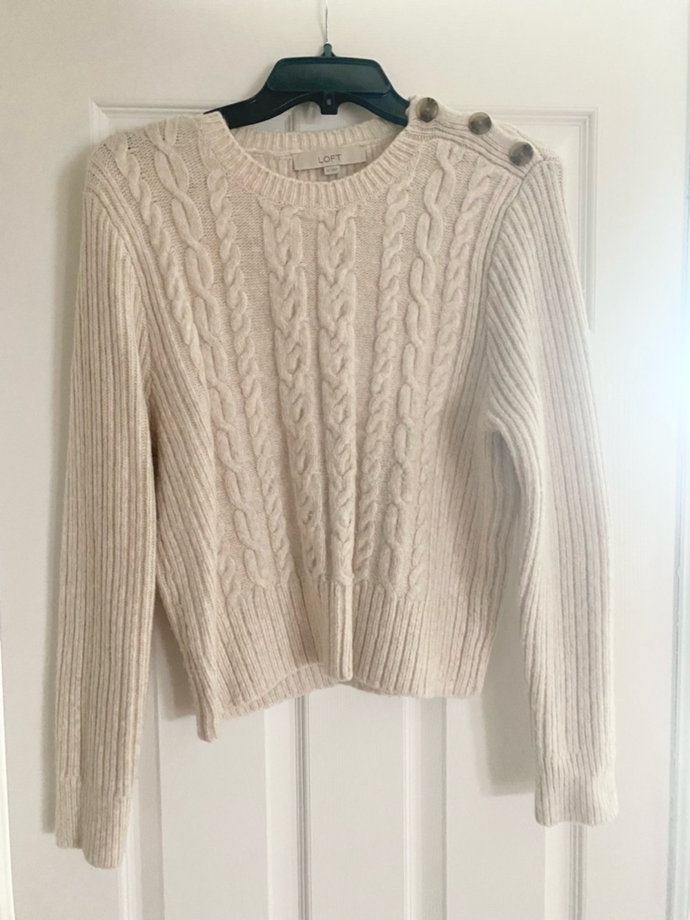 LOFT Cream crop Cable-Knit Crew Sweater with Shoulder Buttons